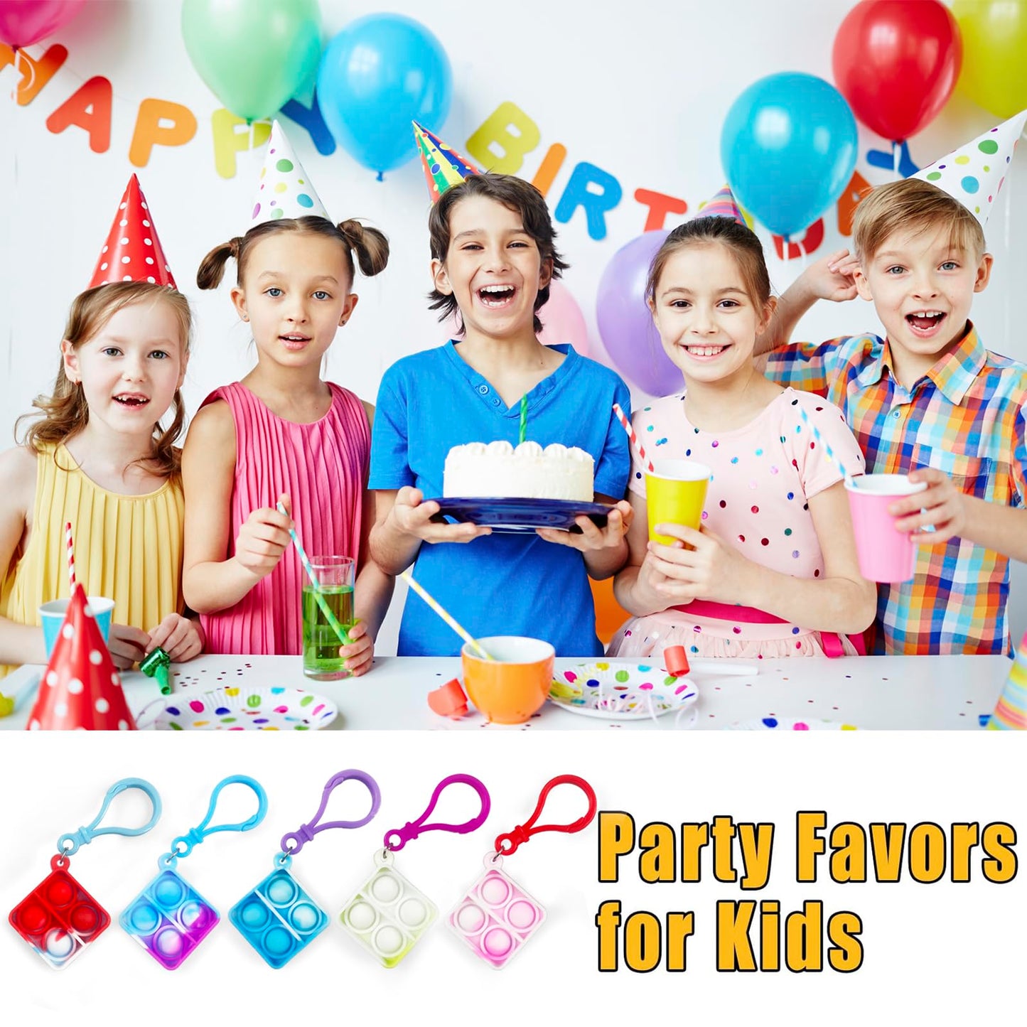 100 Pack Square Pop Fidget Keychain Pop Fidget Toys Bulk Party Favors For Kids 4-8,8-12 Years, Goodies Bag Stuffers Bulk, Gift F