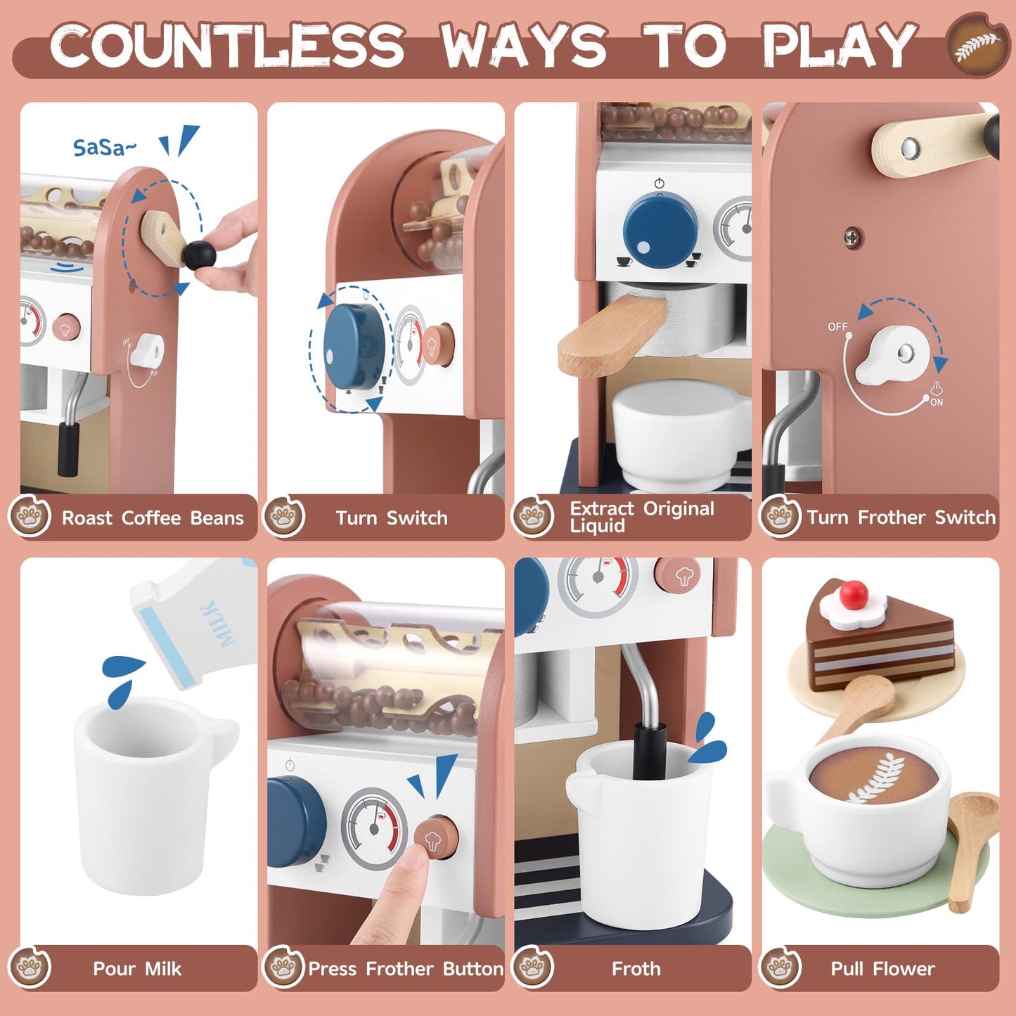 GAGAKU Wooden Coffee Maker Toy 15 pcs Play Kitchen Accessories Toy Coffee Maker for Kids Pretend Playset Toddler Coffee Maker Gi