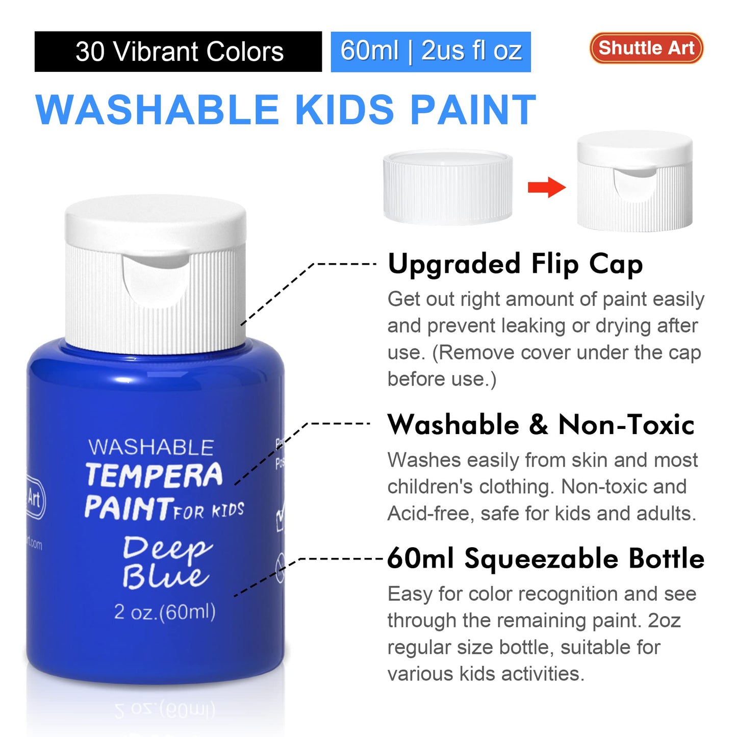 Tempera Paint, Shuttle Art 30 Colors Washable Paint for Kids, 2oz/60ml Bottle, Non-toxic Finger Paints for Toddlers with Glitter