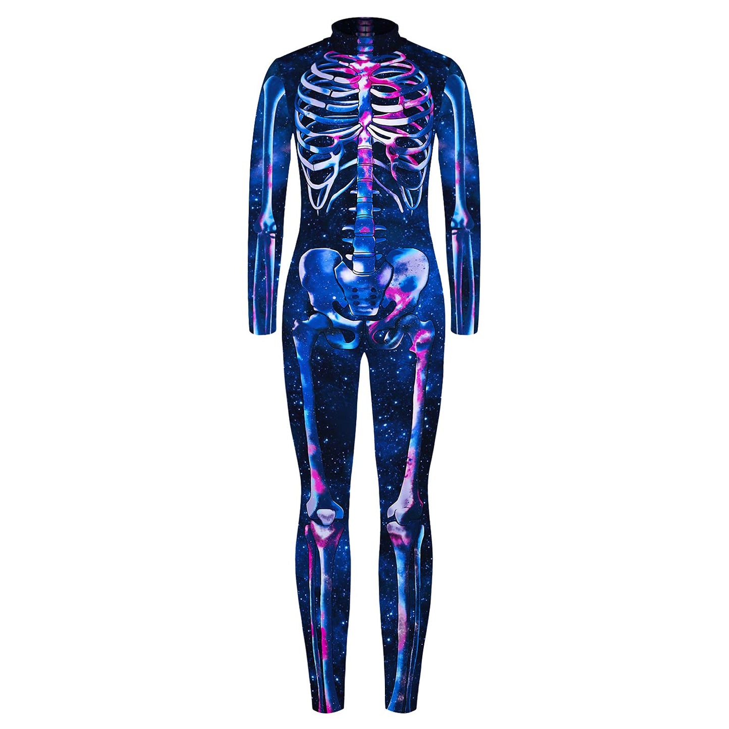 Remimi Skeleton Skin Costume For Boys Girls Zipper Halloween Stretchy Skull Bodysuit Jumpsuit Starry 9-10 Years