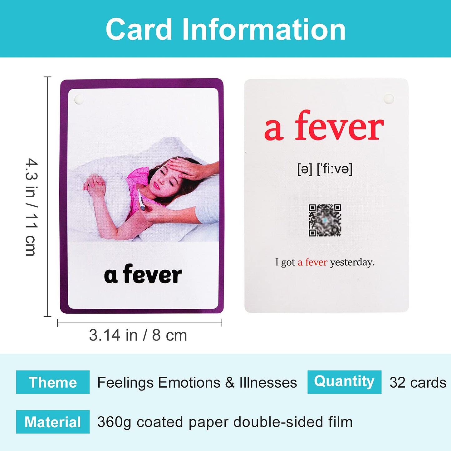Lilias Feelings Emotions & Illness Flash Cards, Toddler Learning Toys, Preschool Learning Toys, Homeschool Supplies, Learning Supplies For Kindergarten, 4.3 X 3.14 Inch, 32 Cards In Set