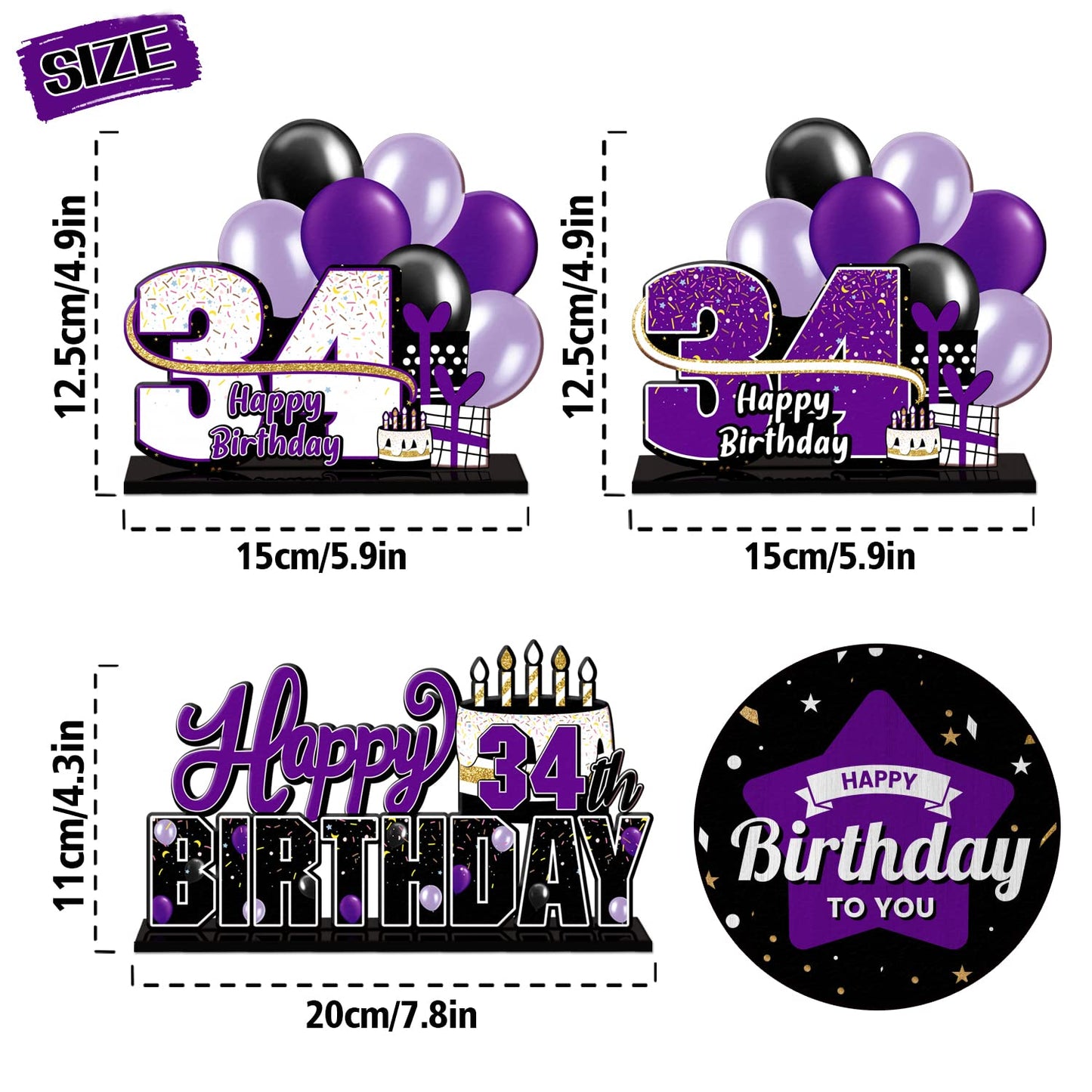 Lingteer Happy 34Th Birthday Purple Acrylic Table Topper Centerpieces Set - Cheers To 34 Years Old Birthday 34Th Bday Party Gift Decorations.