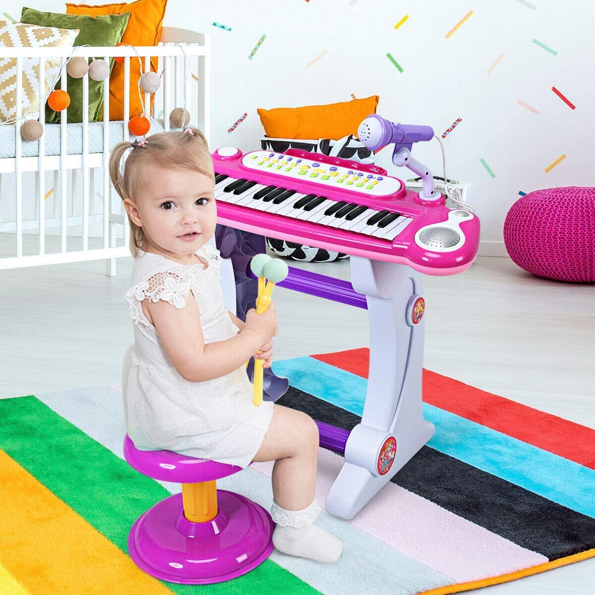 Costzon 37-Key Kids Piano Keyboard Toy  Toddler Electronic Musical Instrument Educational Toy w/Microphone  Multiple Sounds  Record Playback  Lights & Stool  Birthday Gift for Girls Boys Age 3+  Pink