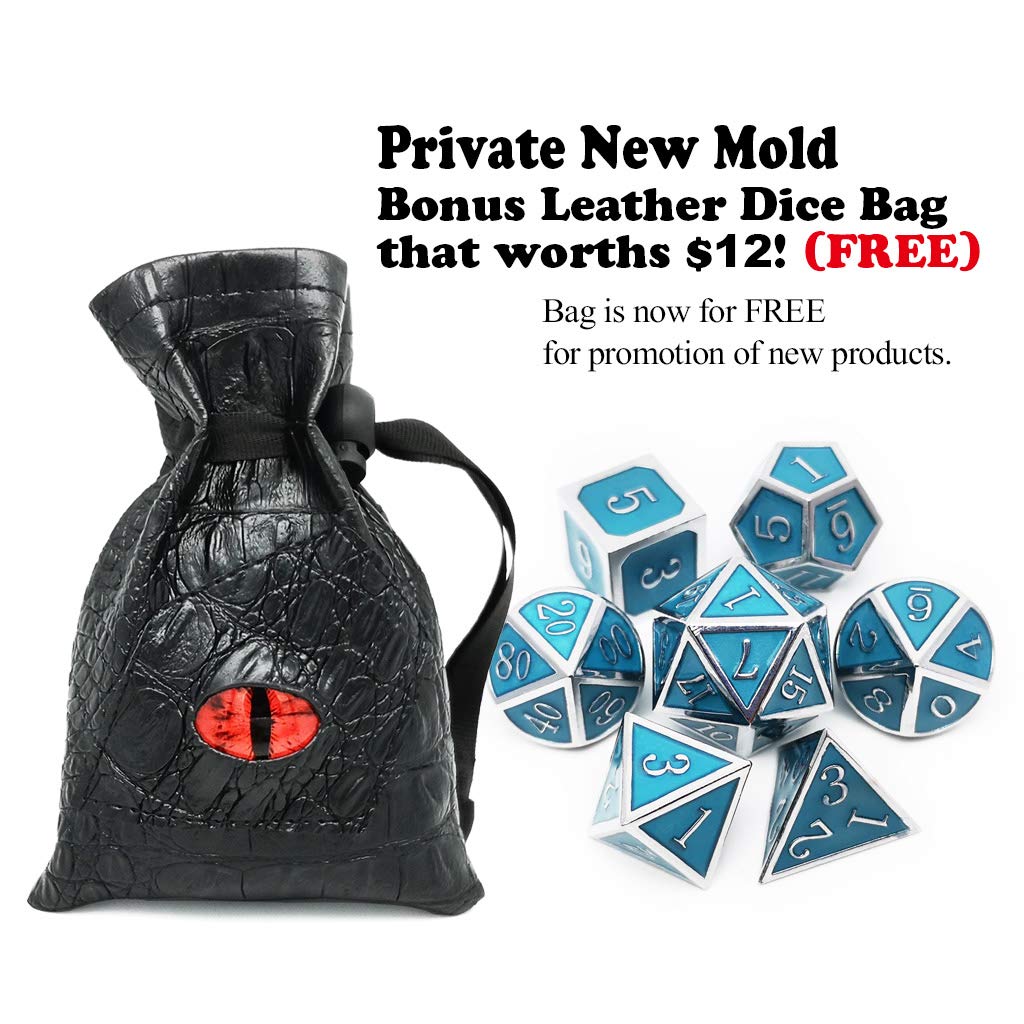 Haxtec Glow in The Dark Metal Dice Set D&D Glowing Blue Silver W/Dragon Dice Bag 7 Die D&D Dice Set for Dungeons and Dragons RPG