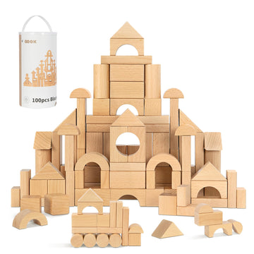 Oook Natural Beech Wood Building Blocks For Toddlers 1-3, 100Pcs Kids Wooden Blocks With Storage Bucket And Shape Sorter Lid, Pr