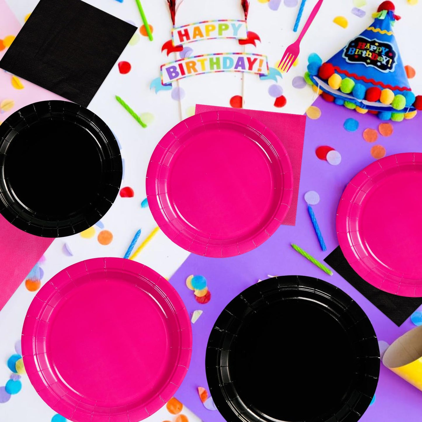 Grencian 96 Pcs Hot Pink and Black Birthday Decorations Hot Pink Party Plates and Napkins Disposable Heavy Duty Pink and Black T