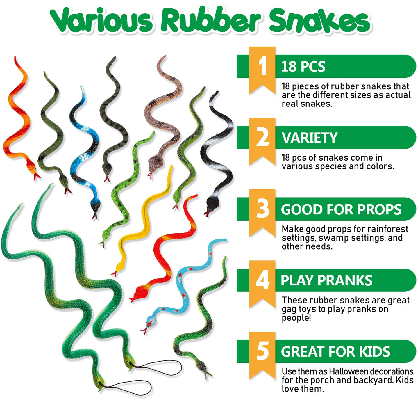 Hfatmos 18 Pcs Realistic Rubber Snakes, Assorted Sizes Plastic Snakes, Prank Snake Toys For Halloween Party, Tricking People, Kids Playing, Garden Props - Deter Squirrels, Mouse, Rabbits, Birds