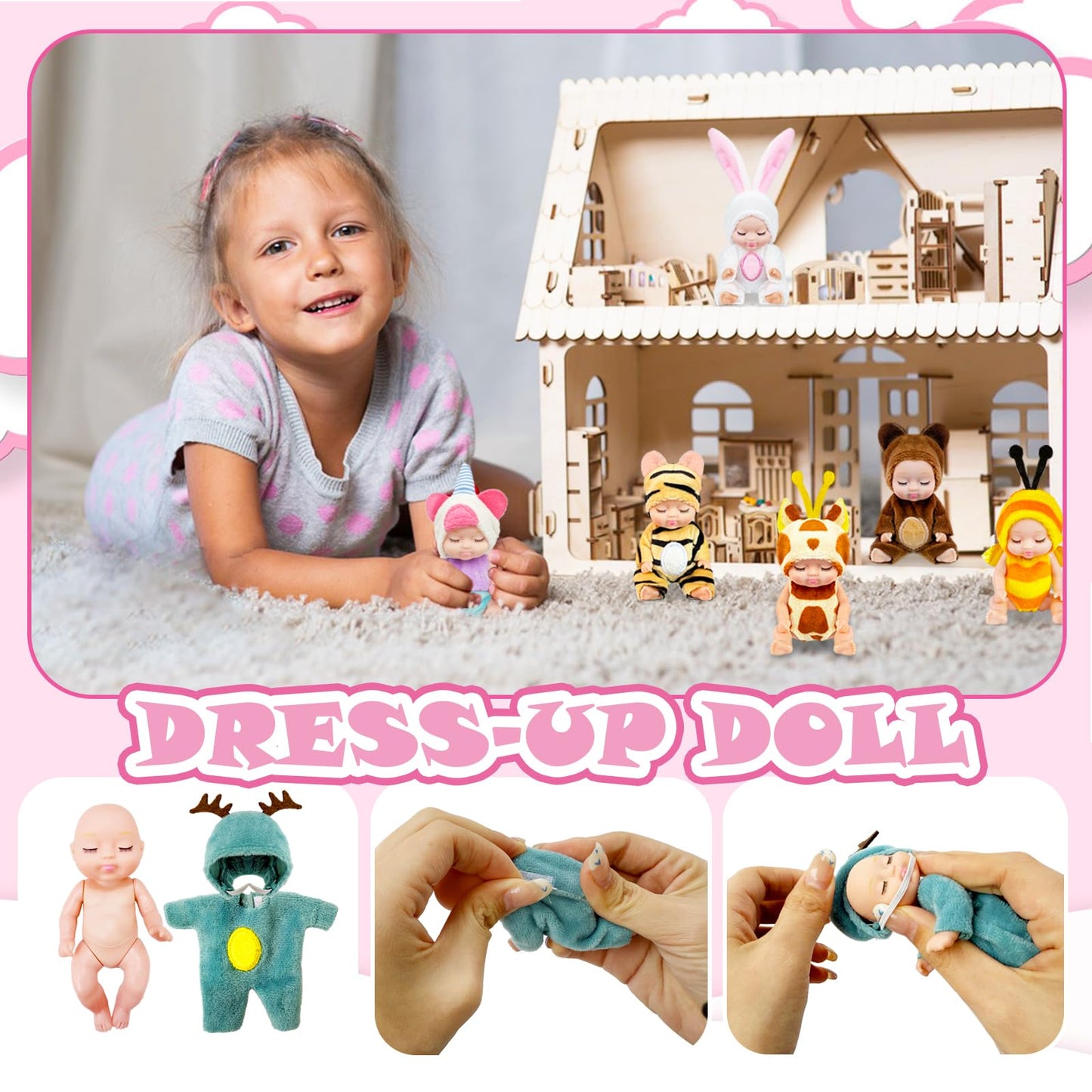 Haawooky 6 Pcs 4 Inch Mini Baby Dolls,Cute Small Baby Doll Toys with 8 Pcs Animal Clothes,Lifelike Realistic Reborn Tiny Baby Do