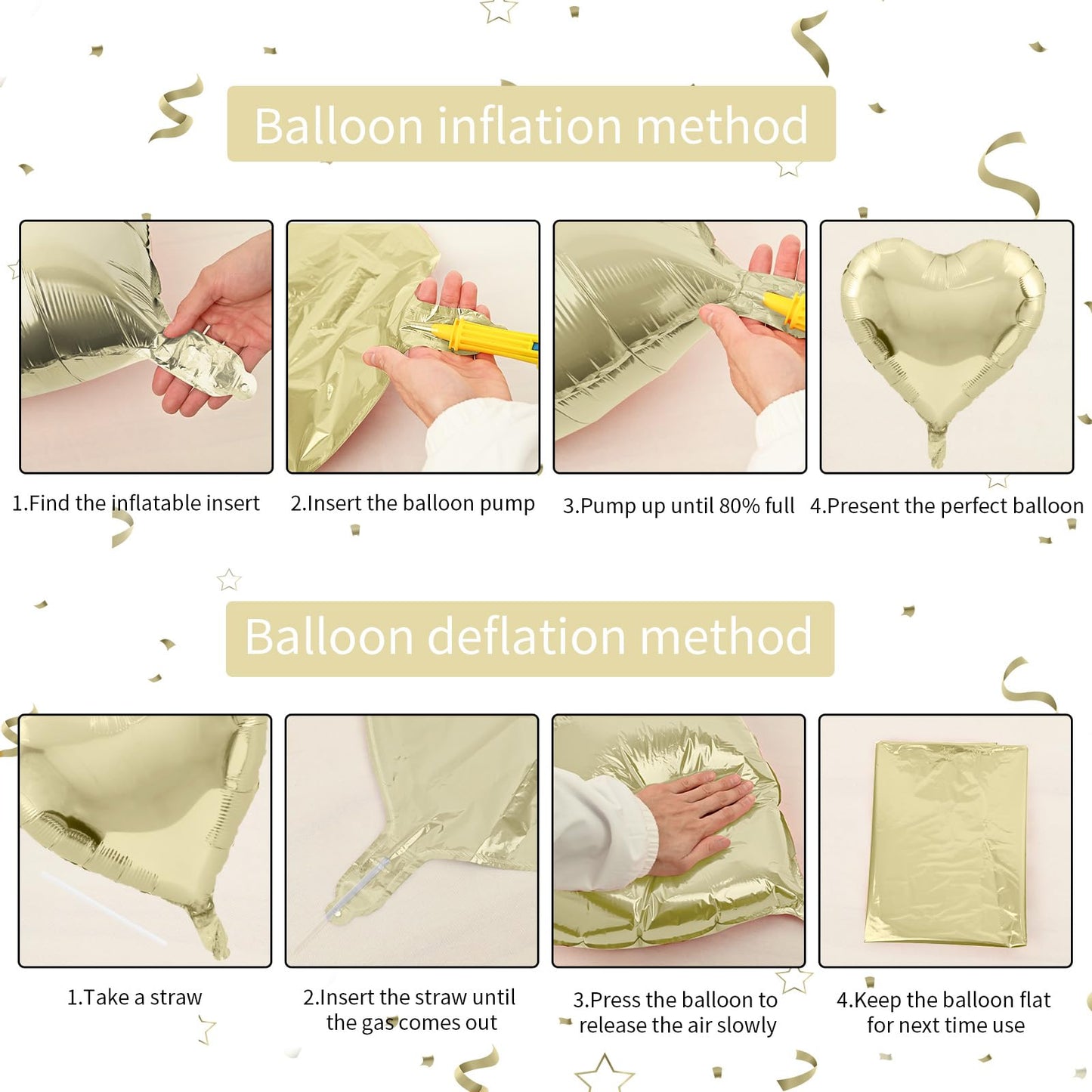 Light Gold Heart Balloons, 18 Inch Pastel Gold Heart Shape Balloons Foil, 10 Pcs Gold Heart Foil Balloons Love Balloon Helium Fo
