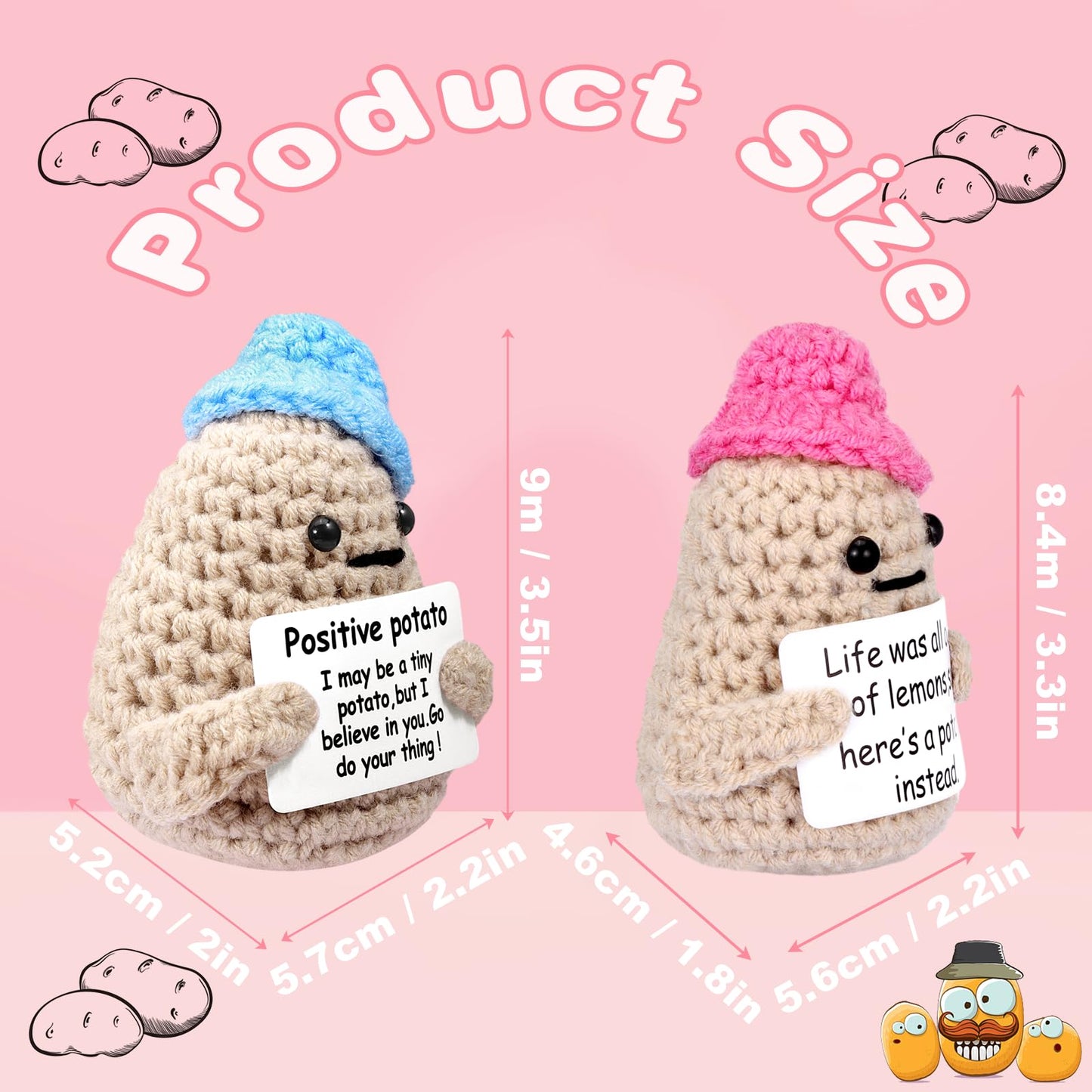 Draupnir 2Pcs Positive Potato, 3 Inch Mini Funny Knitted Wool Potato Toy With Positive Card,Cute Creative Positive Life Doll Potato For Birthday Gift Encouragement Decoration Party