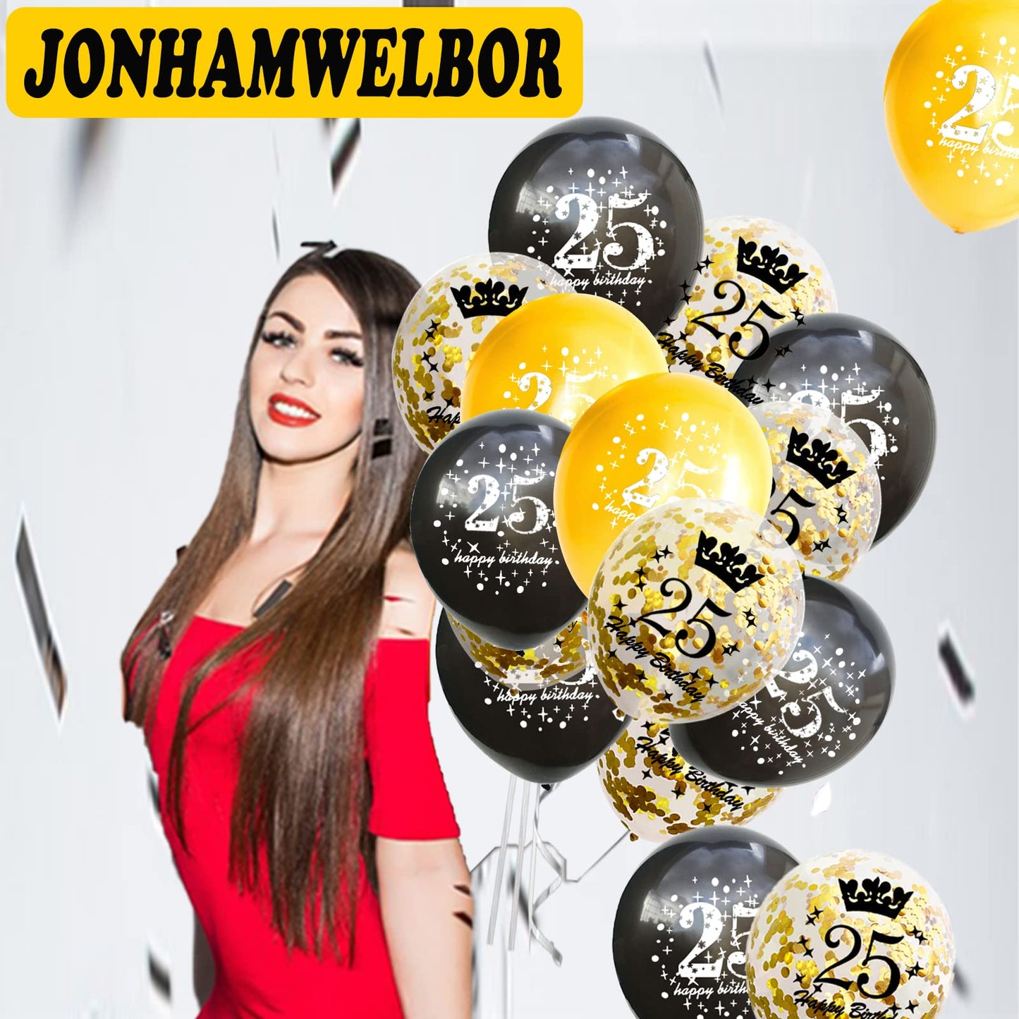 Jonhamwelbor Happy 25Th Birthday Anniversary Balloons (15Pcs 12Inch) 25 Year Old Balloons Decorations 25Th Black And Gold Latex