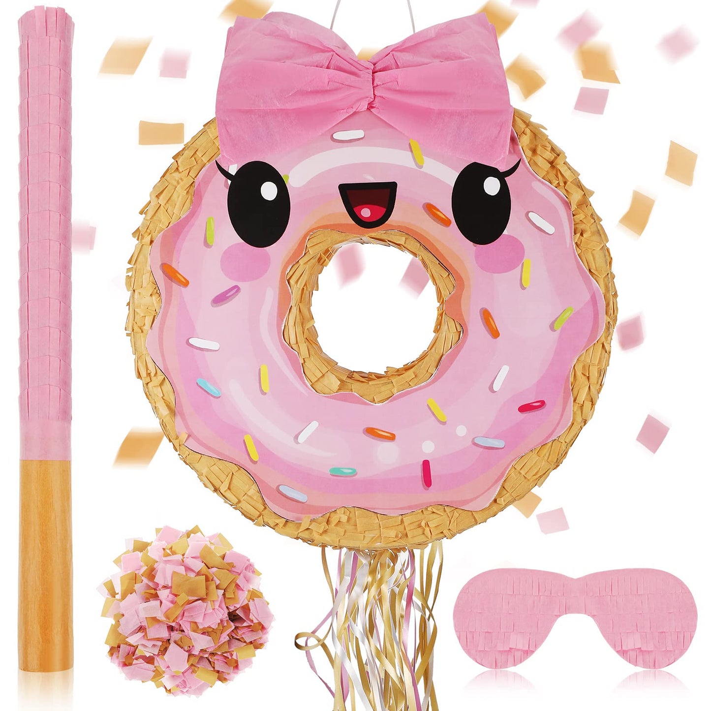 Zhanmai Pink Donut Pinata with String, Bat and Blindfold Multicolor Colorful Pinata for Reveal Shower Donut Grow up Theme Donut 
