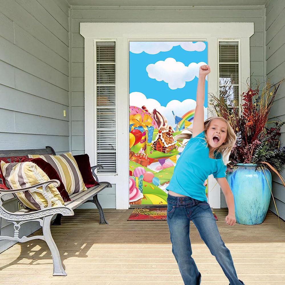 DOTOOMA 35.4 x 72.8 Inches Candyland Sweet Cartoon Rainbow Doughnut Color Flag Balloon Biscuit House Ice Cream Theme Yard Door B
