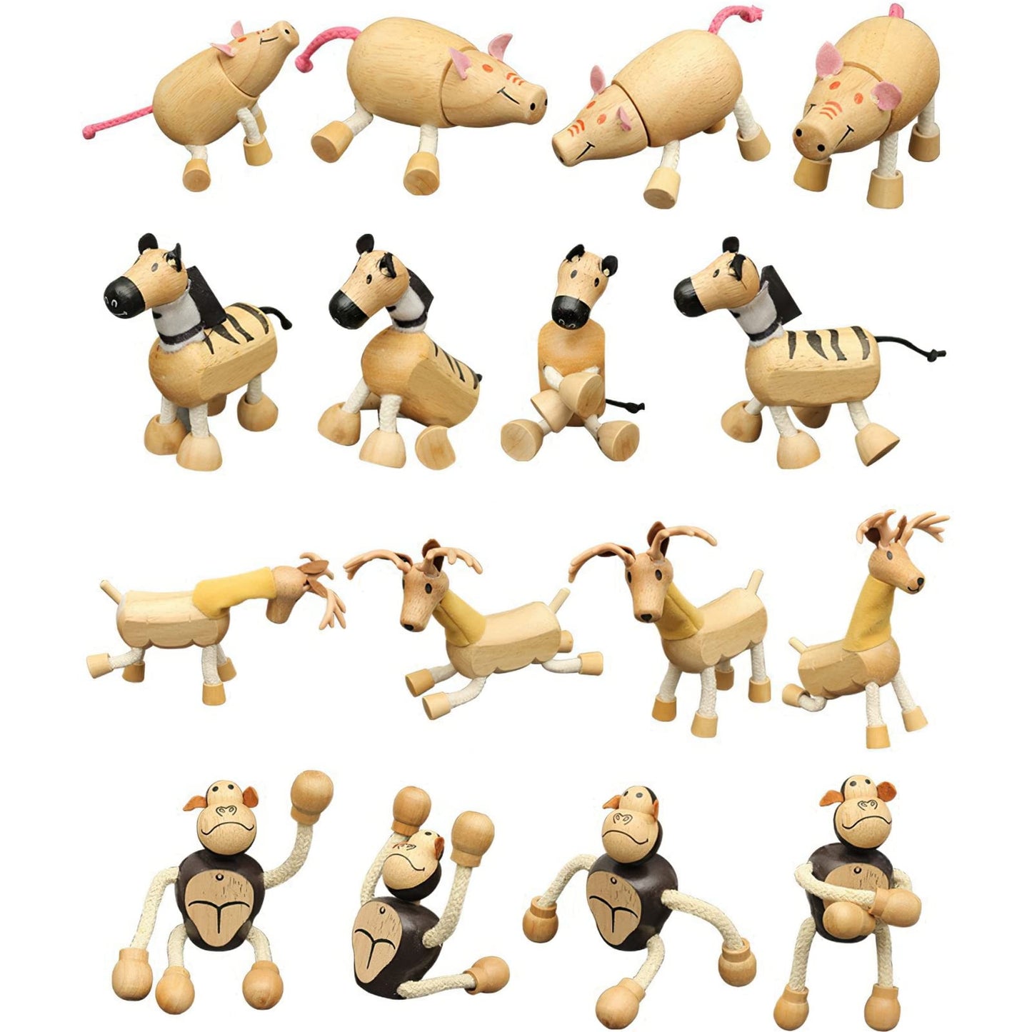 Bendable Wooden Animal Figurines, Smooth Natural Wood Zoo Farm Jungle Safari Animals Figures, Preschool Learning & Education Toy
