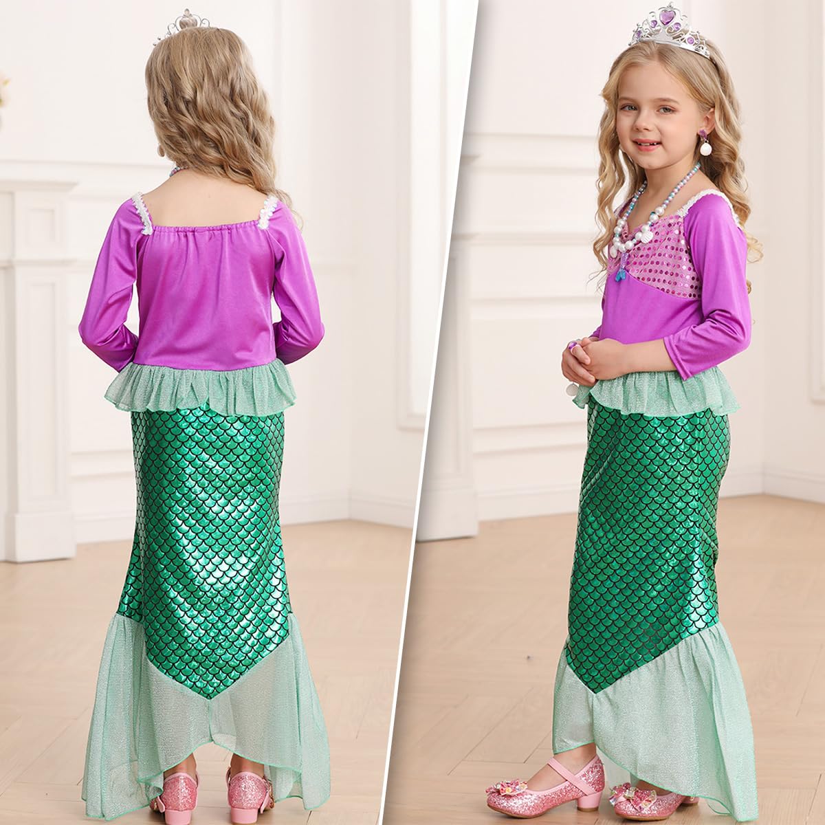 Zaisuifun Princess Dress Up Mermaid Costume Little Girls Mermaid Dress Halloween Cosplay Costumes, Purple, 5-6 Years(Tag 130)