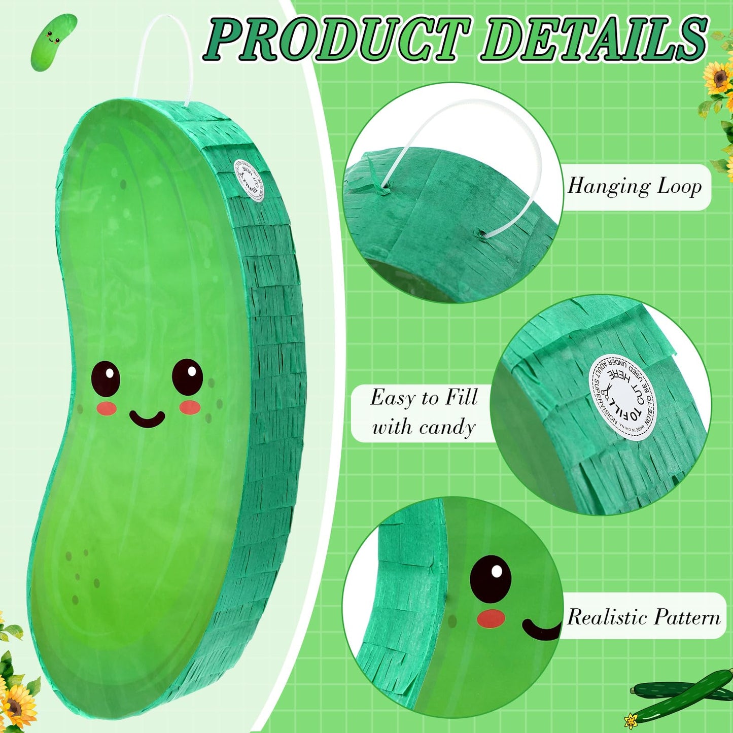 Sonwyoung Cucumber Theme Piñata for Kids - 15.7"x6.7"x2.8" Green Paper with Bat, Blindfold & Confetti for Parties and Baby Showers
