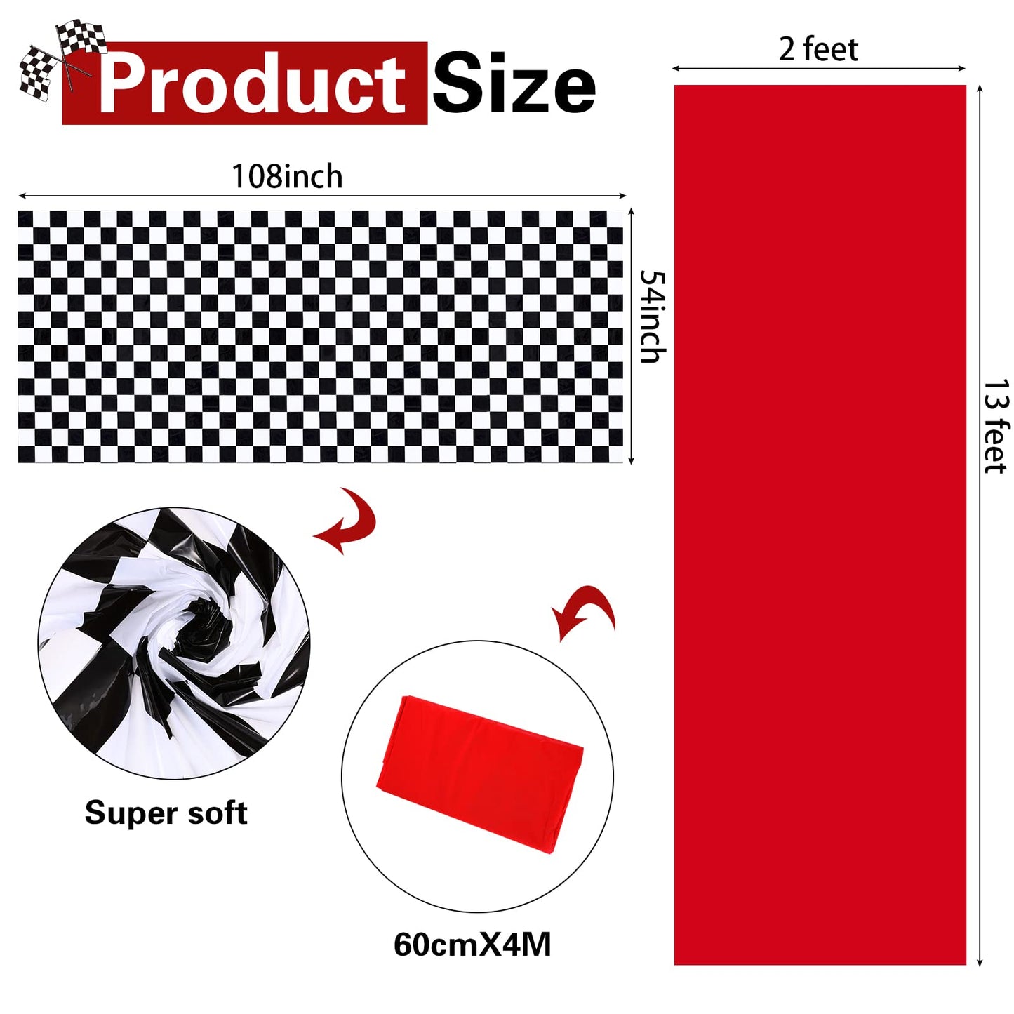 Tallew Checkered Disposable Tablecloths - 2 Pcs Black & White Race Table Covers for Racing Birthday Party Decor - Red