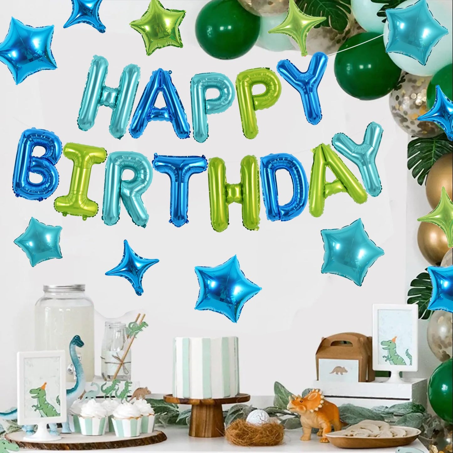 TONIFUL 35PCS Blue Green Happy Birthday Decorations Kit 16 Inch Happy Birthday Balloon Banner with Star Balloons Mylar Foil Birt