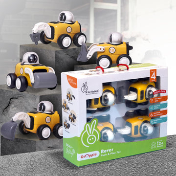 R For Rabbit Orapple Rover Push And Play Mini Construction Vehicle Set For Kids | Non-Toxic Bpa Free 4 Pcs Road Roller, Bulldoze