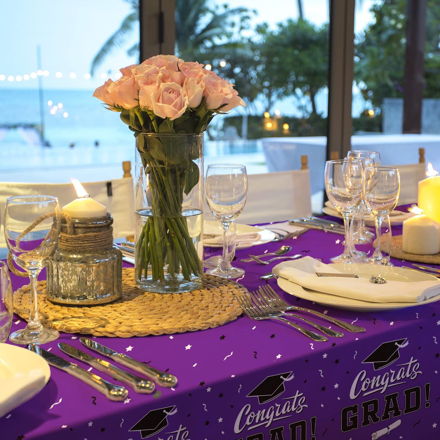 Graduation Party Decorations, Gongrats Grad Tablecover for Graduation Party Supplies, 3 pcs Purple Table Cloths, 54x108