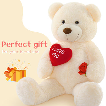 Beniny Big Teddy Bears, Giant White Teddy Bear Stuffed Animals With Embroidered I Love You For Girlfriend, Red Heart Fluffy Tedd