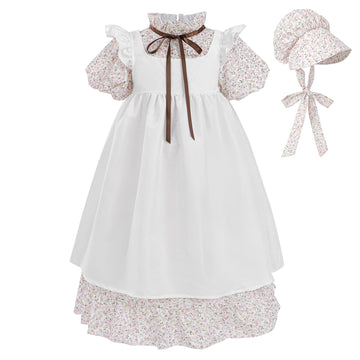 Ltakk Pioneer Dress Girls Colonial Costume Prairie Pilgrim Girl Dresses With Pinafore And Bonnet, Pink Floral, Medium