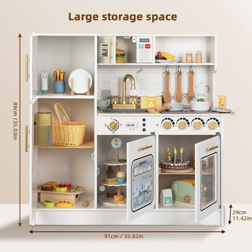OOOK Wooden Kids Kitchen Playset, Simulated Kids Play Kitchen with Lights and Sounds, Nice Role Play Toy Kitchen with Plenty of