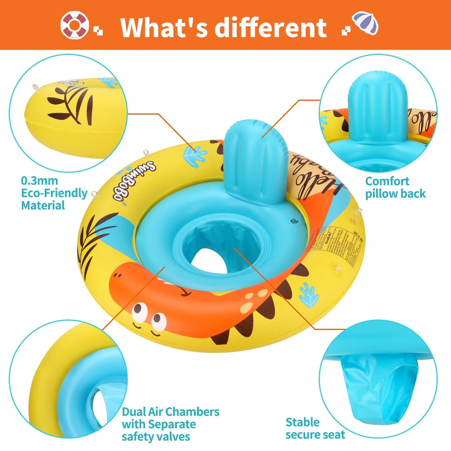 Swimbobo Inflatable Baby Swimming Float with Safe Seat and Canopy for Age 6-36 Months Toddler (Yellow Dinosaur)