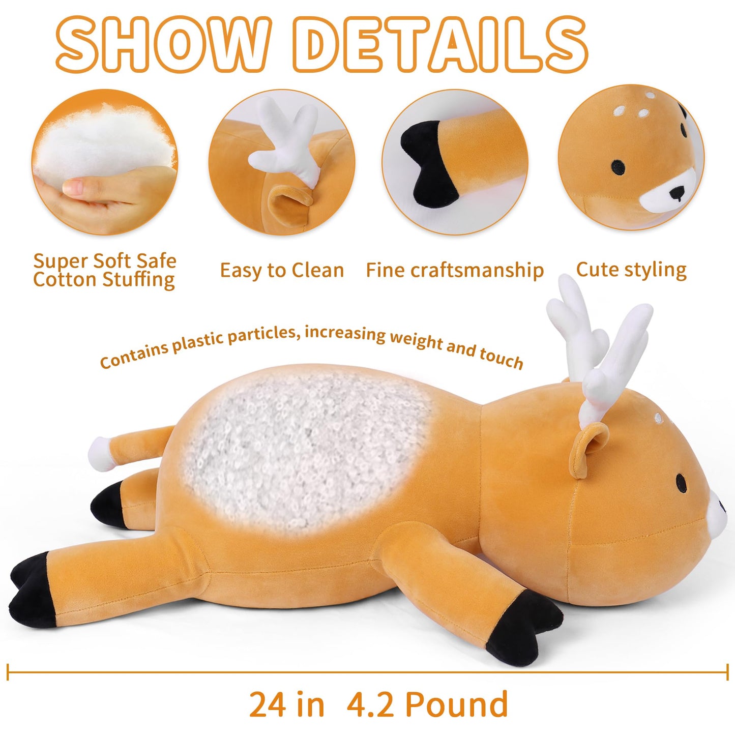Webingo Weighted Stuffed Animals, 24'' Weighted Deer Plush Toy 4.2 Lb Soft Pillow Cute Giant Plushie Gifts For Kids & Adults(Dee