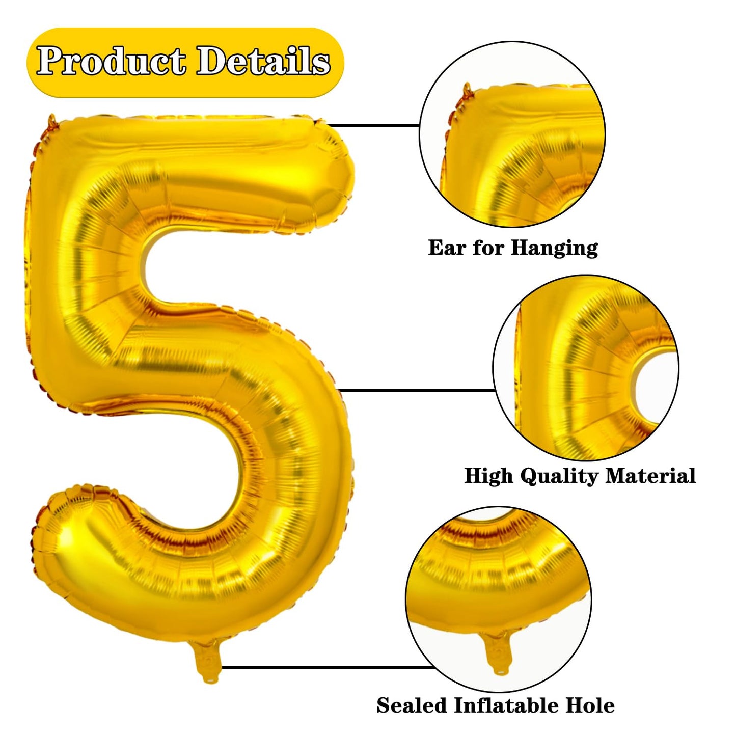 Pigetale Gold Number 5 Balloon For Girls Boys, 40 Inch Large Number 0-9, Big Foil Mylar Helium Digital Balloons For Women Men 15