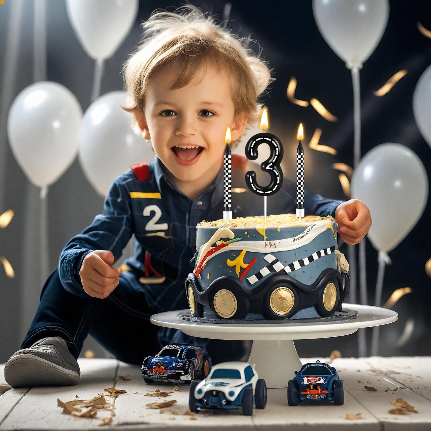 13 Pcs Racing Cars Themed Birthday Candles - 1 to 9 Number Candle & Black and White Checkered Candles, Truck Candle Cake Topper