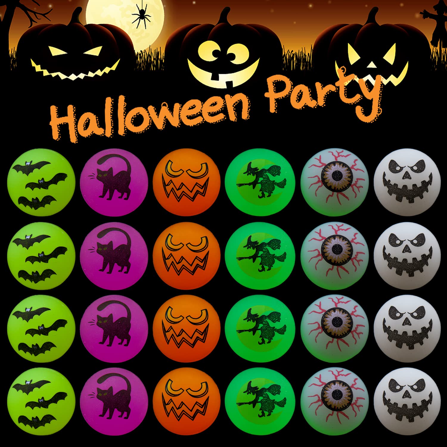FINGOOO 24Pcs Halloween Bouncy Balls,Glow in The Dark Bouncing Balls for Kids Halloween Party Favors Non-Candy Halloween Treats 