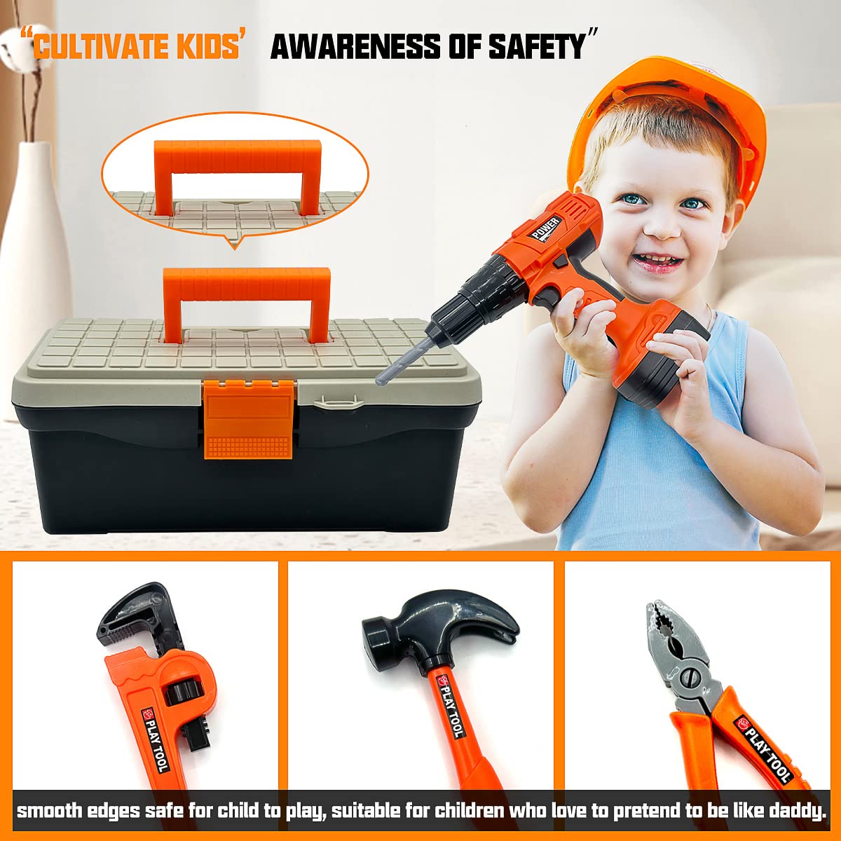 HYRENEE Kids Tool Set - 48 Piece Toddler Tool Set with Electronic Toy Drill& Tool Box,Pretend Play Kids Toys,Construction Kits T