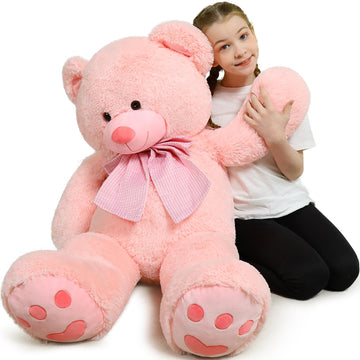 Morismos Giant Big Teddy Bear 4 Feet 47 Inch Life Size Pink Plush Bear With Big Bow And Embroidered Paws, Soft And Cute Teddy Be