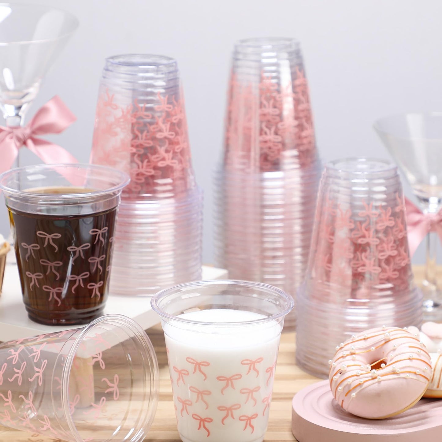 Yuxung 50 Pcs Pink Bow Snack Cups 12 oz Bow Plastic Cups Lovely Bowknot Tumbler for Birthday Wedding Party Supplies