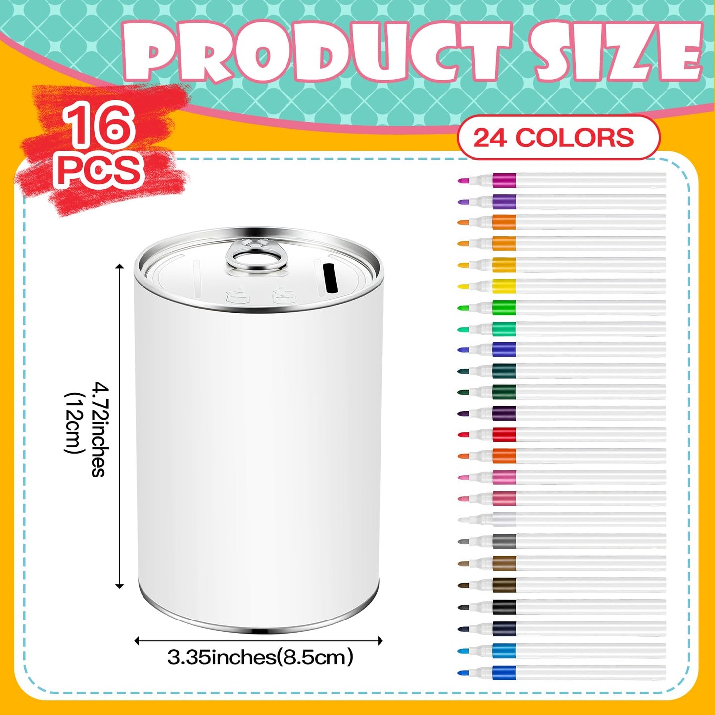 Tandefio 16 Pcs Diy Coin Piggy Bank Metal Piggy Bank Money Piggy Bank Blank Saving Box With 24 Acrylic Paint Markers Piggy Bank