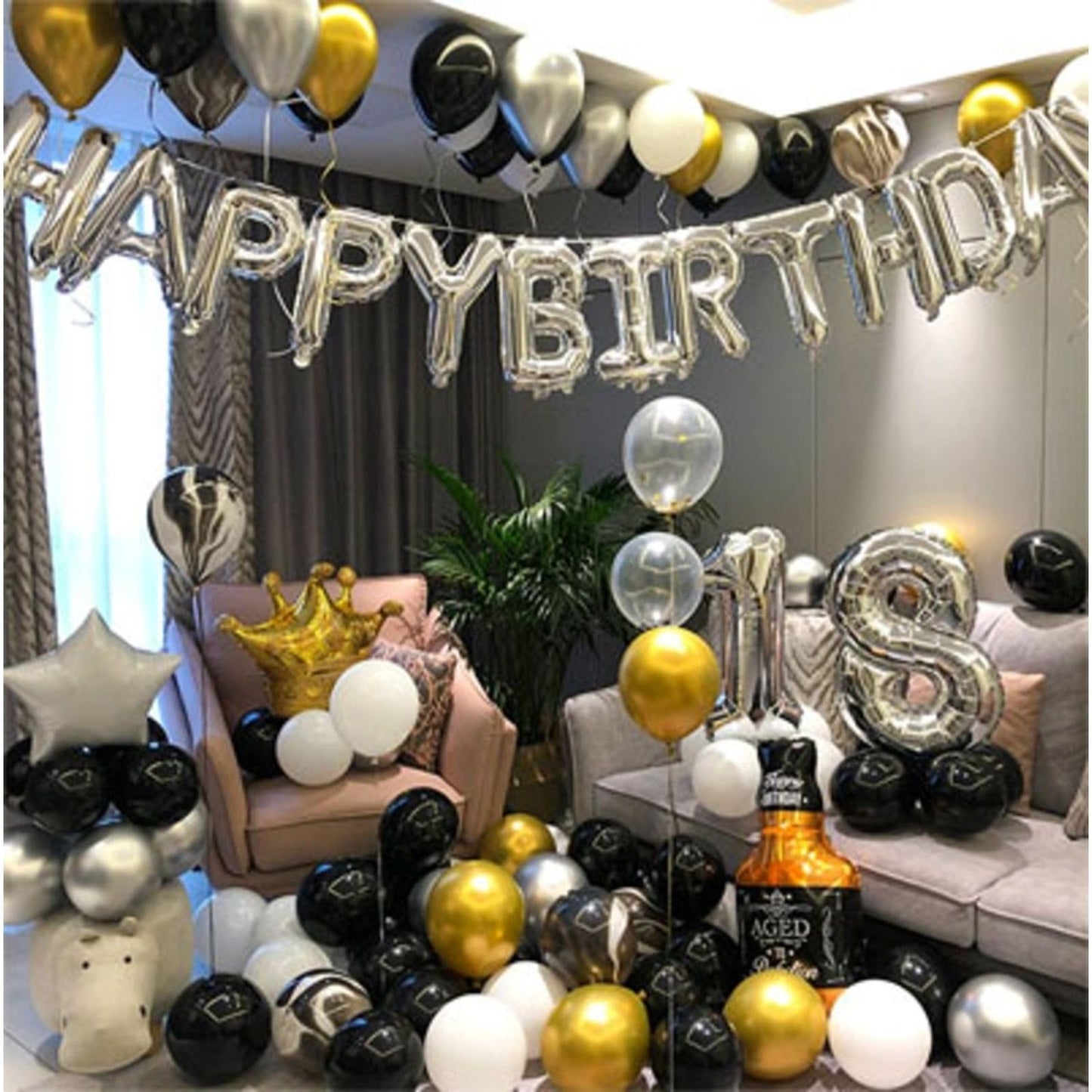 Happy Birthday Balloons Banner, Silver Happy Birthday Foil Balloons 16 Inch Mylar Foil Letter Balloons With 8 Pcs Black Silver S