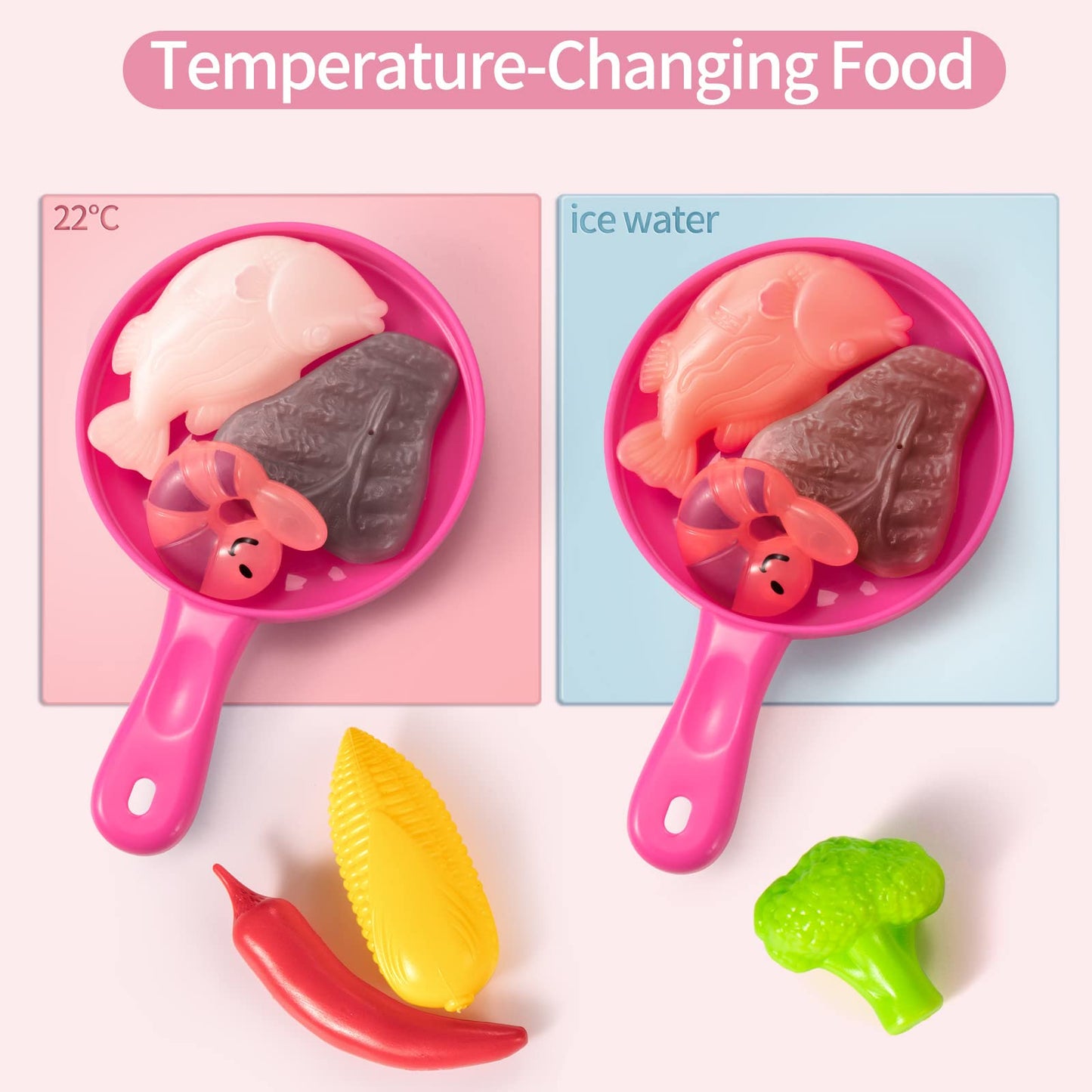 Temi Play Kitchen Playset Pretend Food - 53 PCS Pink Kitchen Toys for Toddlers, Toy Accessories Toddler Set w/Real Sounds and Li