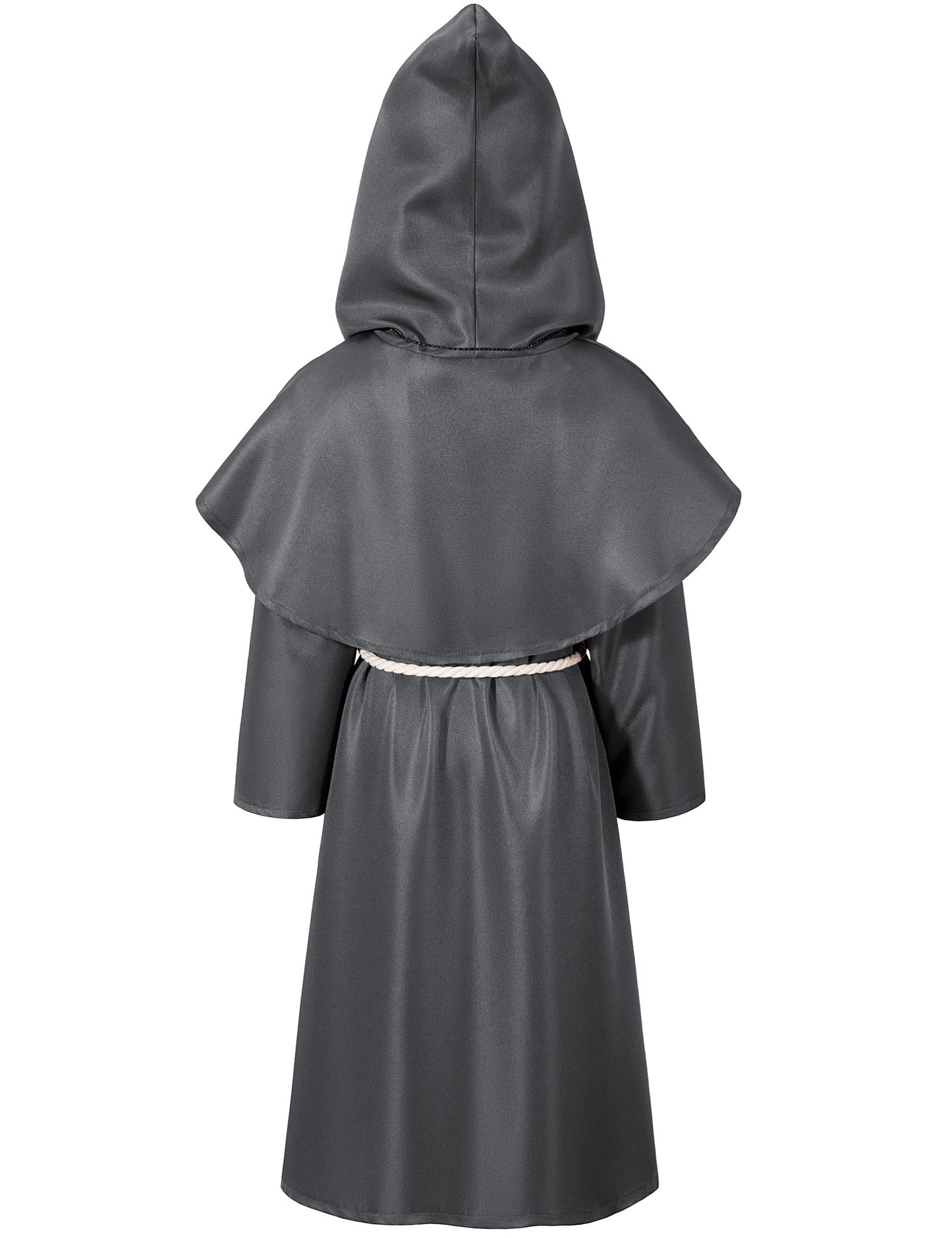 Kids Medieval Renaissance Monk Costume Priest Friar Wizard Cloak Hooded Robe Cosplay Costume Belt Necklace Set(GR 130)