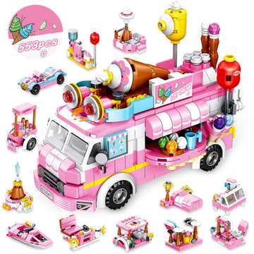 Vatos Girls Building Blocks Toys - 553 Pieces Ice Cream Truck Set Toys for Girls 25 Models Pink Building Bricks Toys STEM Toys V