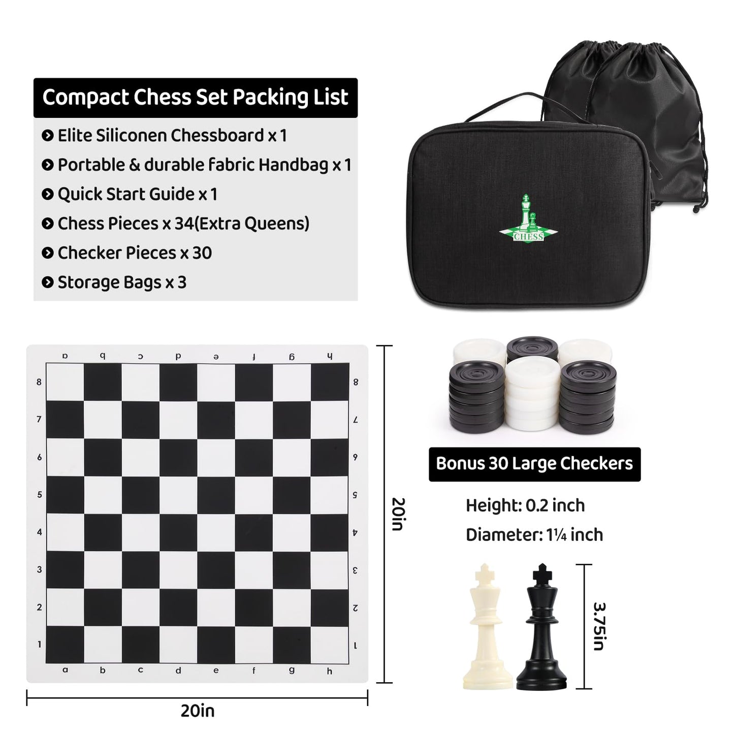 Chess Set 20'' Portable Chess & Checkers Set, Foldable Silicone Chess Game With Plastic Weighted Chess Pieces & Storage Bag, 2 I