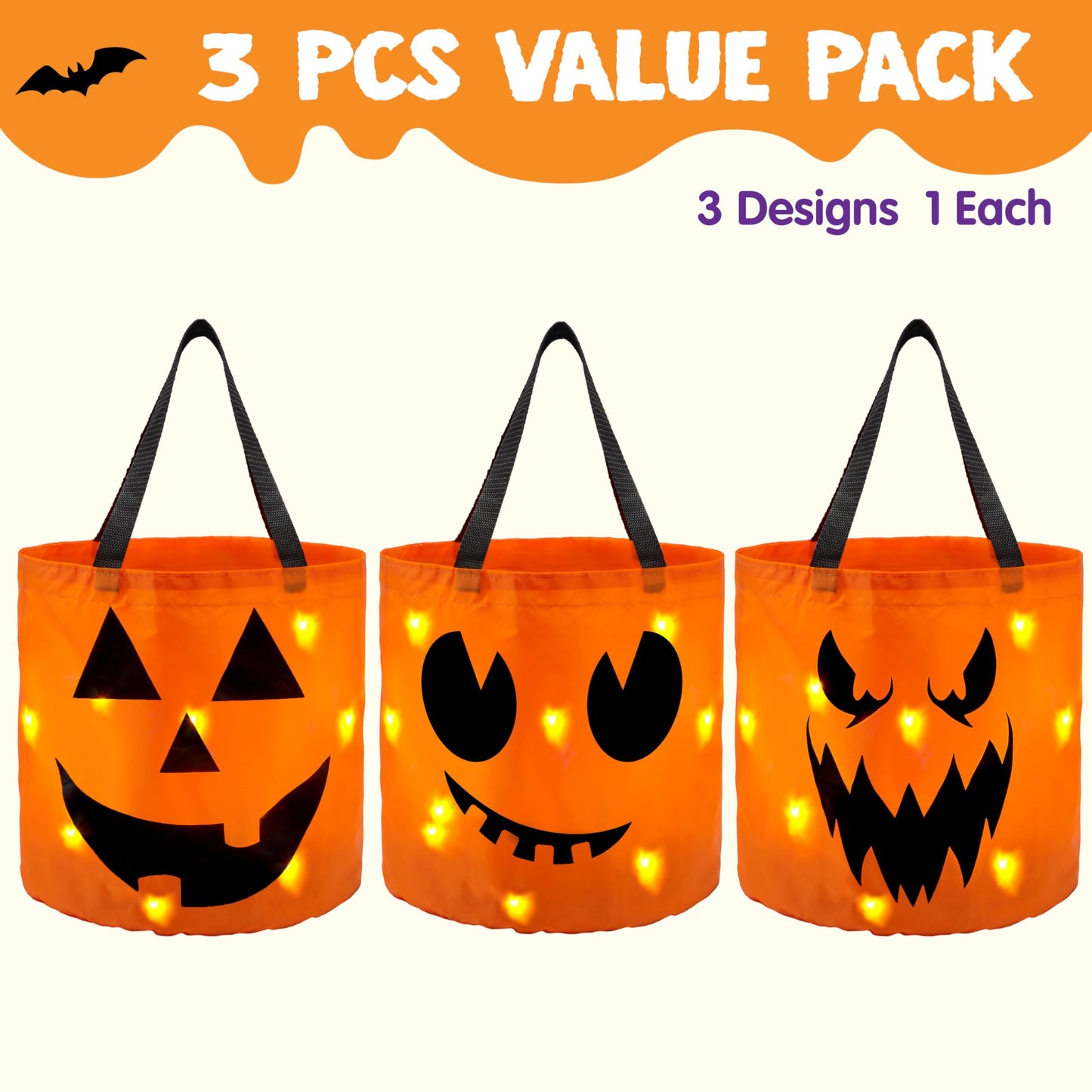 JOYIN 3 PCS Halloween Candy Pumpkin Buckets, 10.2 x 11.8 LED Light Trick or Treat Buckets, Orange Reusable Goody Treat Baskets f