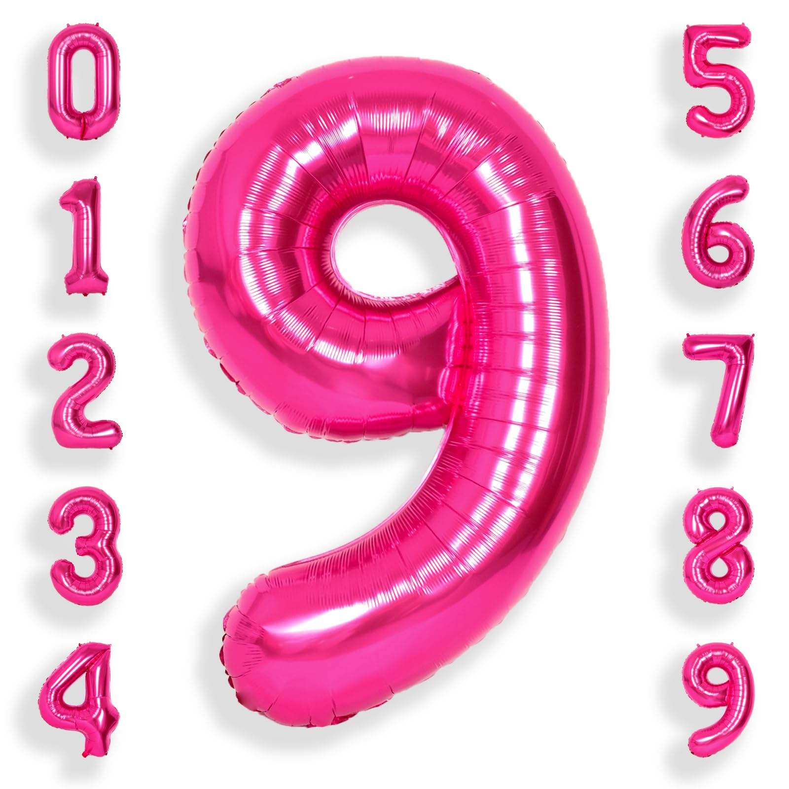 Suwen 40 Inch Hot Pink Large 9 Number Balloons Big Foil Helium Number Balloons 0-9 Jumbo Happy 9Th Mylar Birthday Party Decorati