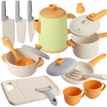 HYAKIDS Play Kitchen Accessories Set, Kids Pots and Pans Playset, Cooking Toys Cookware Utensils for Kids Gifts for 3 4 5 6 Year