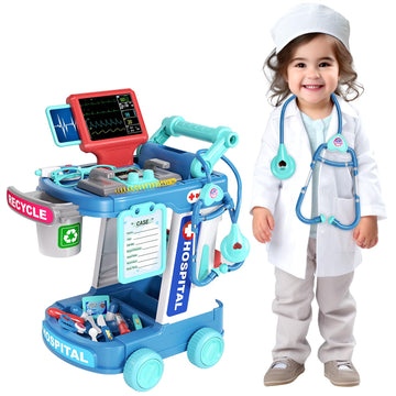 Doctor Kit for Kids, Pretend Doctor Playset for Toddlers with Cart, Costume and Stethoscope, Role Play Medical Toy for Girls Boy