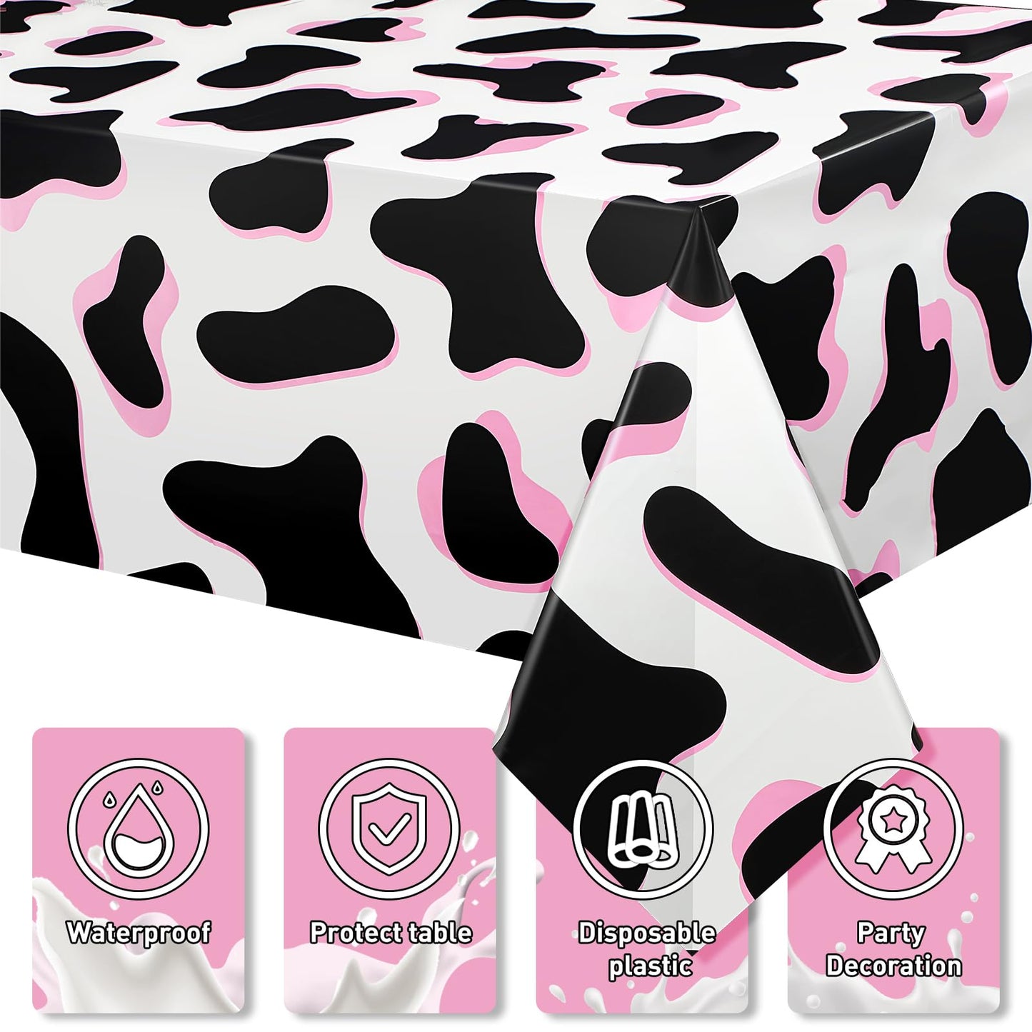Tiamon 3 Pcs Pink Cow Print Tablecloth 108 x 54 Inch Birthday Party Table Cloth Disposable Plastic Cover for Disco Pink Cowgirl