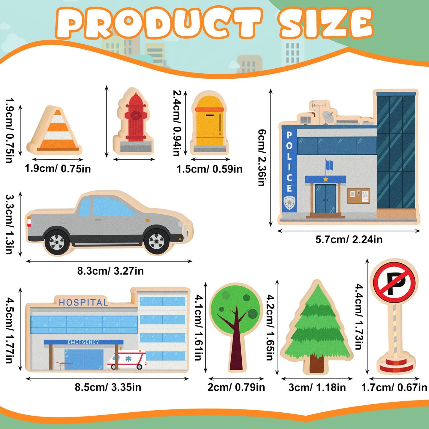 35 PCS Wooden City Play Set Wood Blocks Town Buildings Street Traffic Signs Cars Trees Pretend Play Toys for Play Mats Preschool