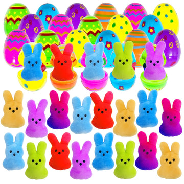 24 Pcs PreFilled Easter Eggs with Plush Bunny Toys Animals Keychain Decoration Stuffed Toy Great for Kids Boys Girls Toddler Eas