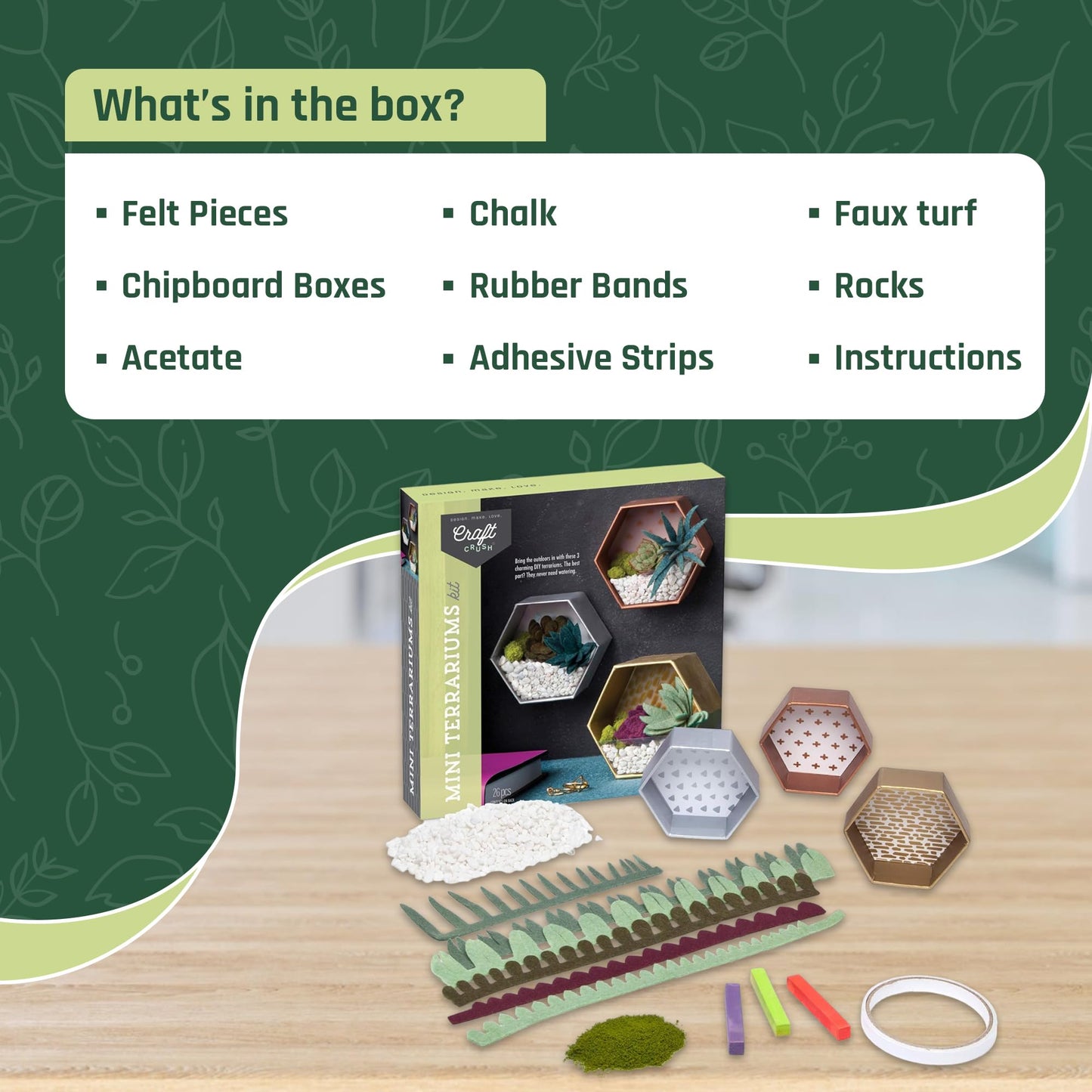 Craft Crush - Mini Plants Terrariums Easy Fun Arts and Craft Kit - Make 3 Charming Faux Terrariums! - For Ages 13 and Up