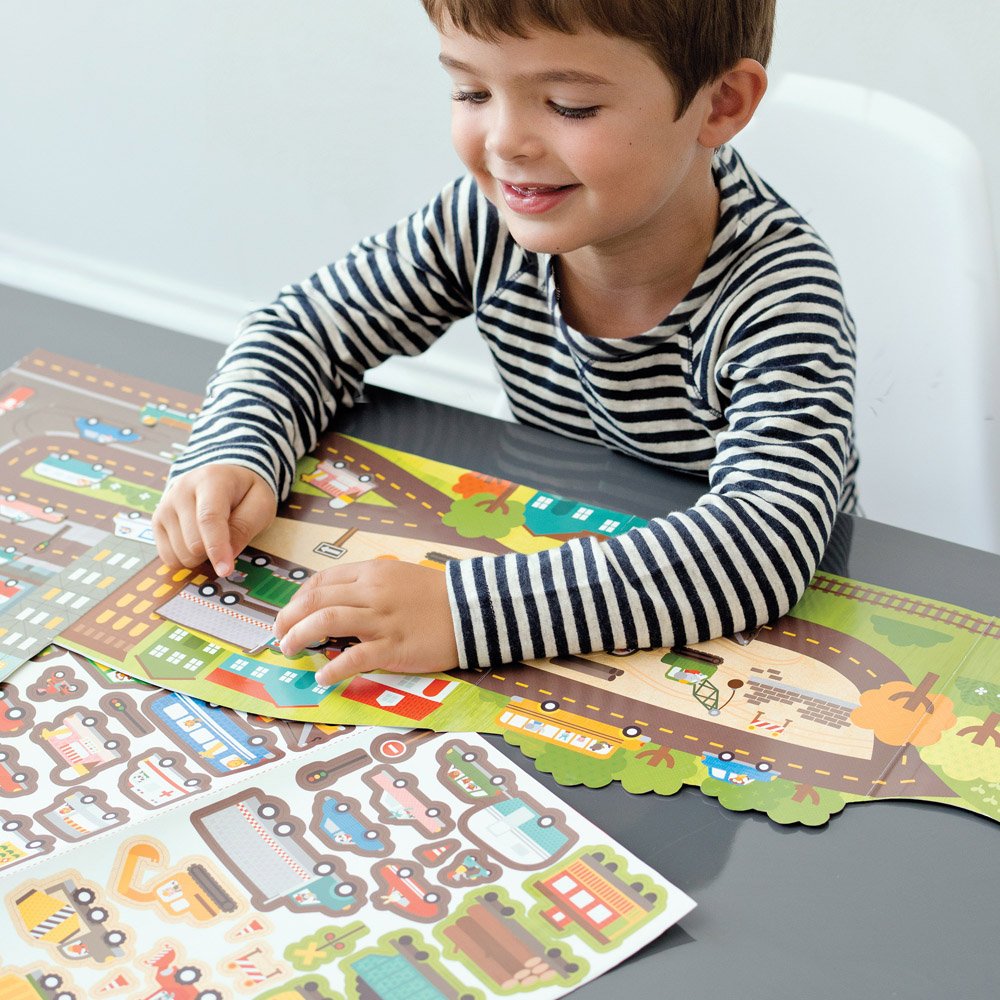 Petit Collage Sticker Activity Book, Roads and Rails - Giant Fold Out Sticker Book for Kids, Includes Over 100 Reusable Stickers